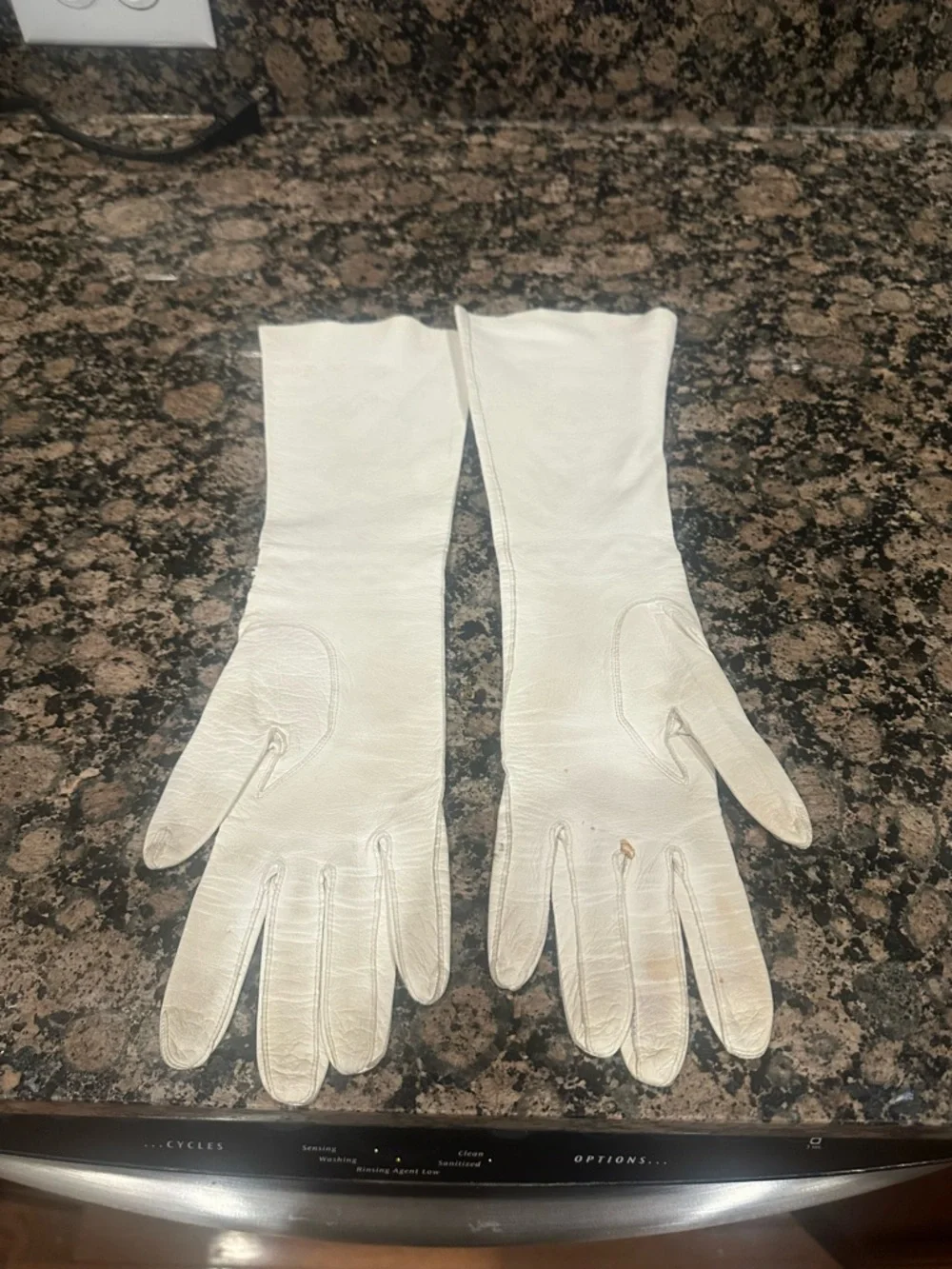 Vintage White‎ long Gloves with decorative rhinestone accents at the wrist.